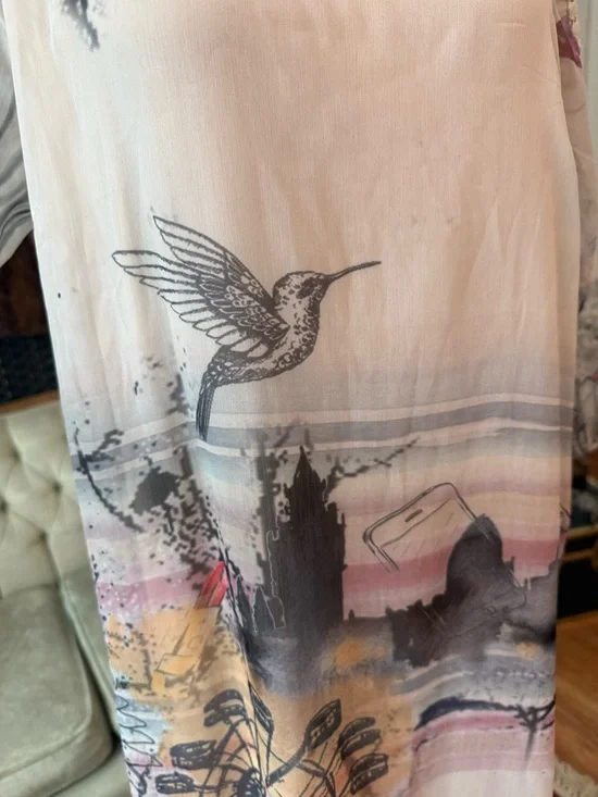 🐦 NWT Cream Addie Dress Chalk Print Lace Shoulder Sheer Boho Tunic EU 36 - Picture 3 of 14